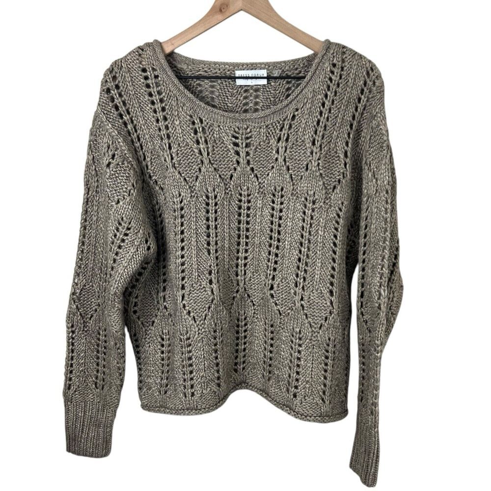 Dress Forum Womens Large Brown Wool Blend Cable Knit Long Sleeve Cropped Sweater